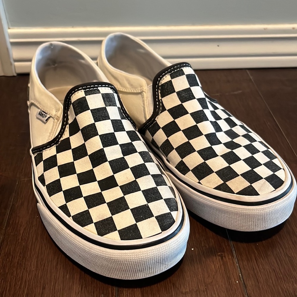 Black and white checkered slip on Vans